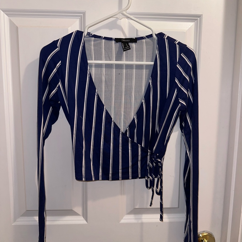 Forever 21 Blue and White Striped Wrap Blouse